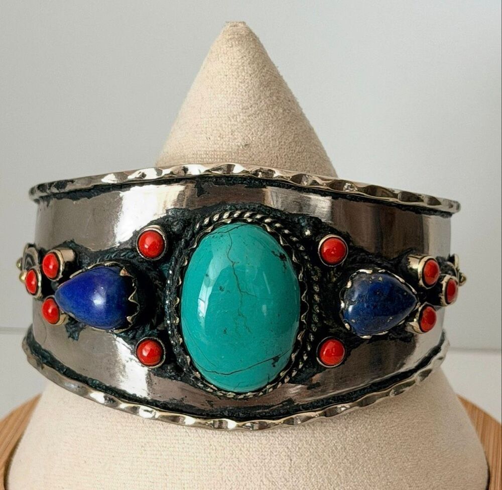 Tibetan Nepalese Style Turquoise Lapis Coral Wide Statement Cuff Bracelet